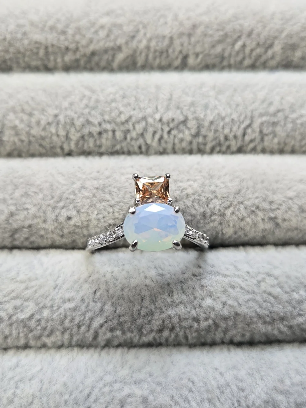 Bomb Party Ring Sz 7 RBP7477 ‘Journey Beyond’ White Opal & Smokey Topaz/Rhodium